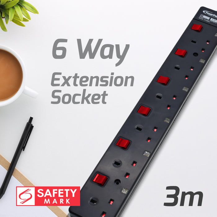 PowerPac Extension Cord, Extension Socket, Power Cord, Power Extension 3 Metre 6 way (PP3886BK)