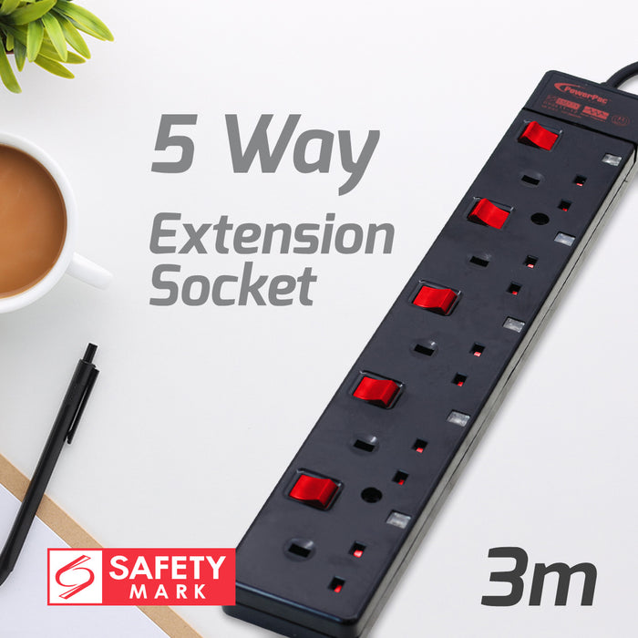 PowerPac Extension Cord, Extension Socket, Power Extension 3 Metre 5 way (PP3885BK)