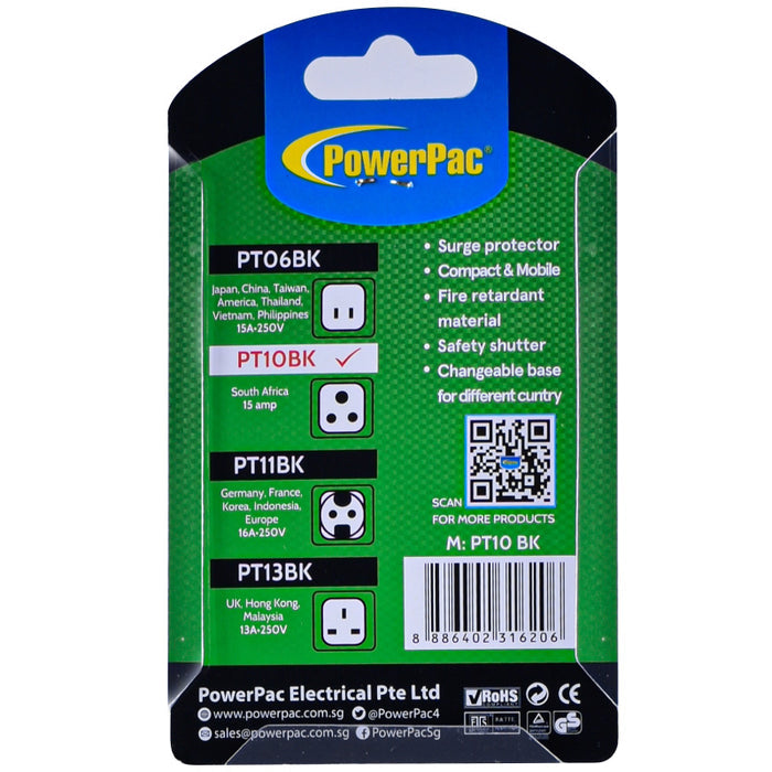 PowerPac Multi Adapter with 15A Plug – Multi Sockets, Travel Adapter, PT10BK