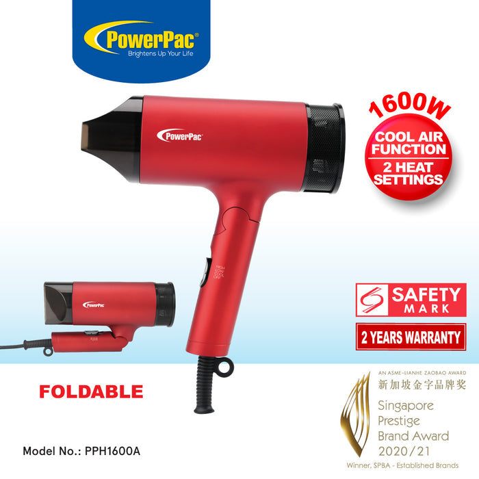 PowerPac Turbo Hair Dryer with cool air, Foldable Hair Dryer 1600W (PPH1600A)