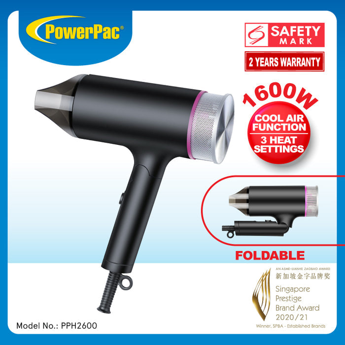 PowerPac Turbo Travel Hair Dryer, Foldable Hair Dryer, 1600W (PPH2600)