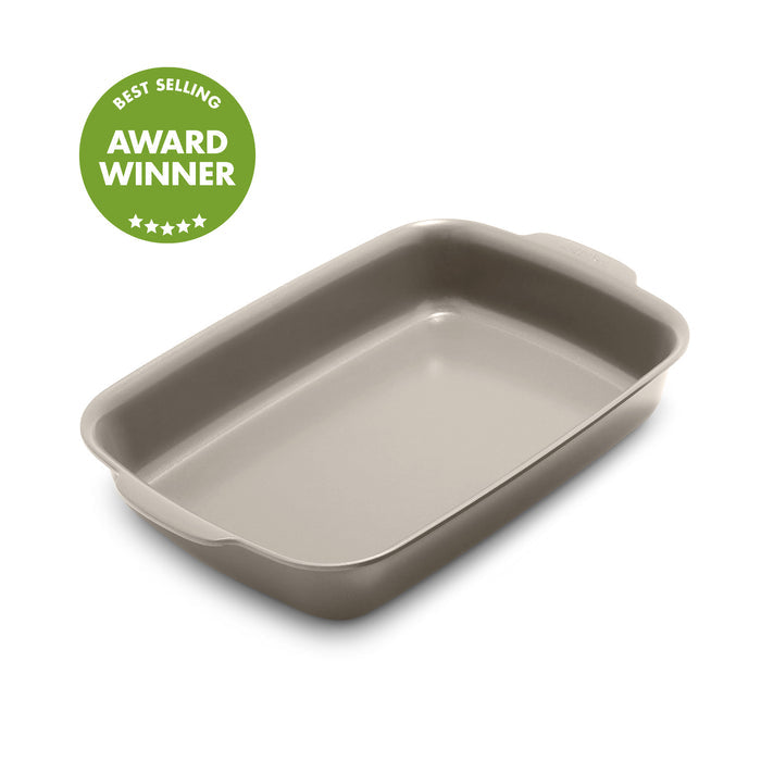 Rectangular taupe ceramic baker with nonstick surface; green Best Seller badge in the top left corner.