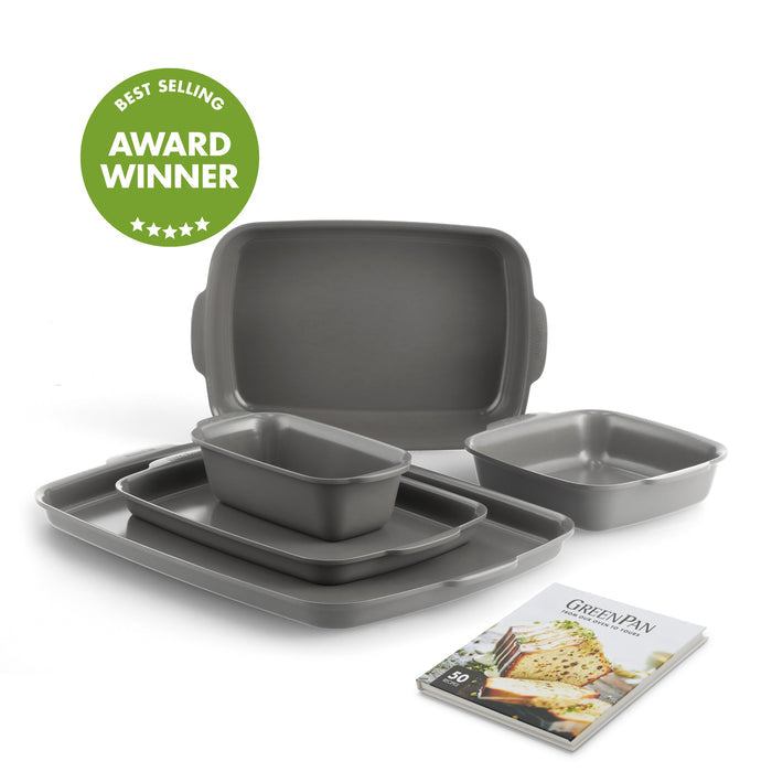 Gray ceramic nonstick 5-piece bakeware set with casserole pans and a recipe booklet.