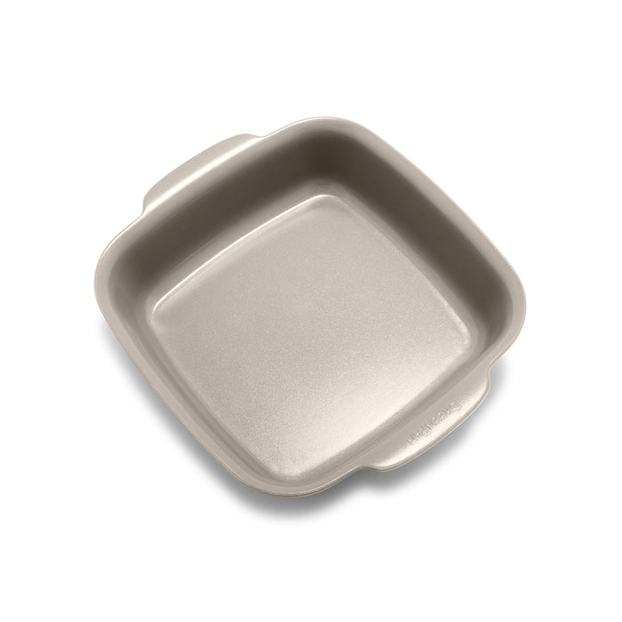 Taupe ceramic nonstick 8x8 square baking dish with handles on a white background.