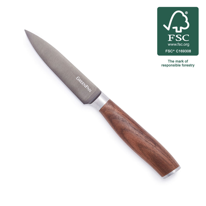Titanium paring knife with a walnut handle and FSC certification badge displayed.
