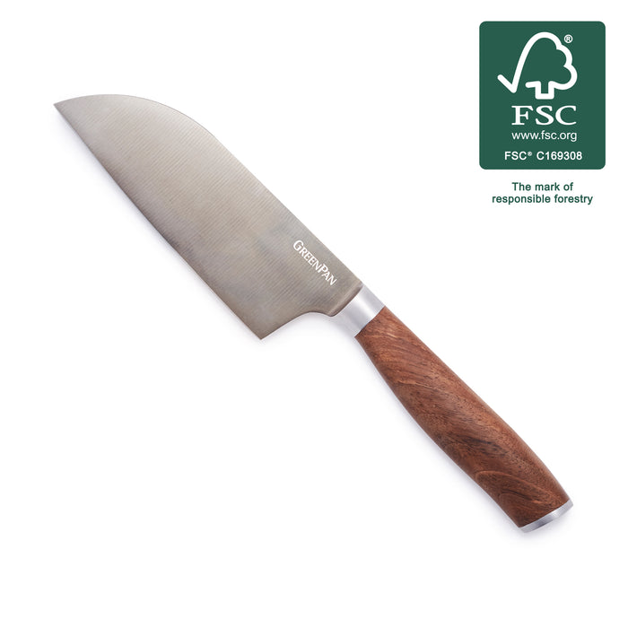 Small Santoku knife with a walnut handle beside an FSC responsible forestry logo.