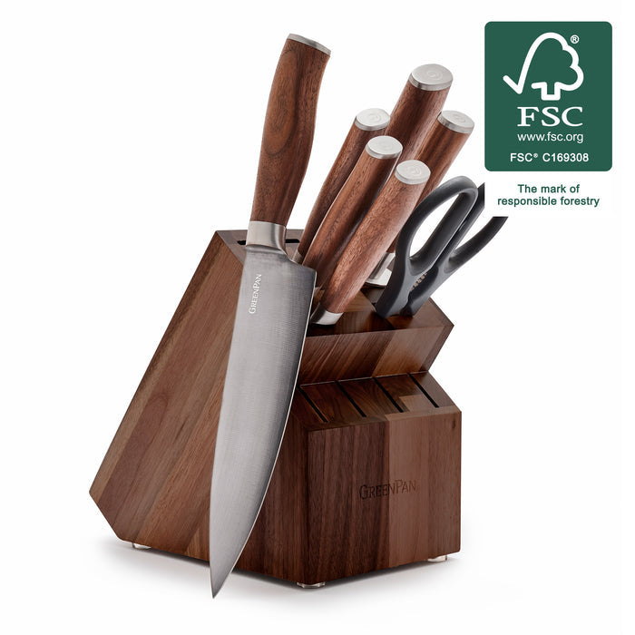 8-piece titanium cutlery set with recycled steel blades, walnut handles, and a wood knife block.
