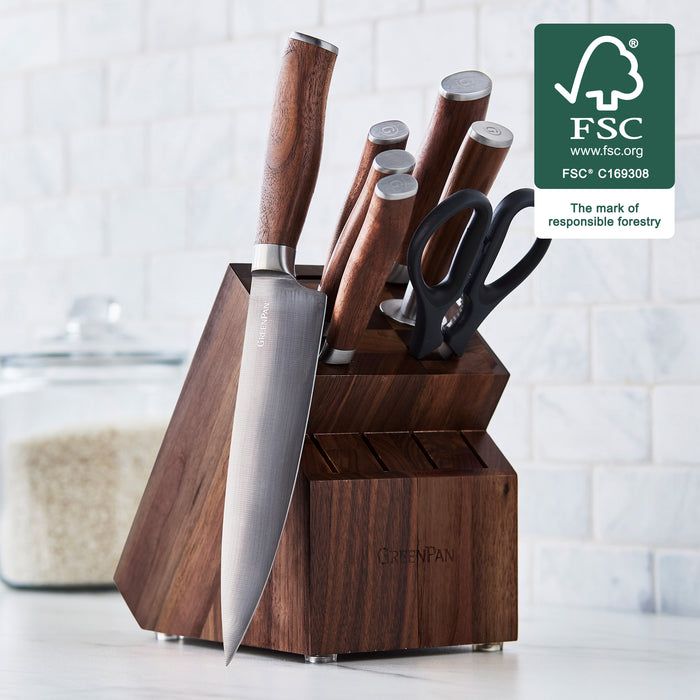 8-piece titanium cutlery set with walnut handles on a counter next to rice, FSC logo visible in the corner.