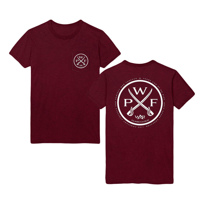 Two maroon Crest T-Shirts from Glass Cloud are shown, front and back. Each has a white circular emblem with "P W F" and crossed drumsticks; the back features a larger design with "Glass Cloud" and extra circular text.
