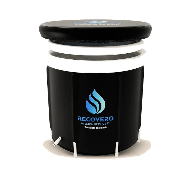 RECOVERO Ice Bath portable ice bath in black with insulated lid and white inflatable rings, on a white background