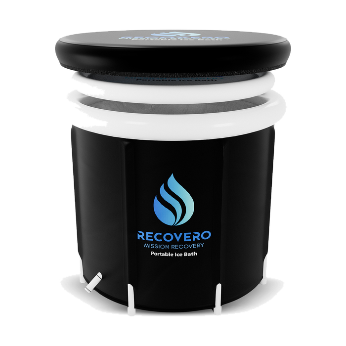 RECOVERO Ice Bath cold plunge tub with lid, two inflatable top rings and white support legs, front view