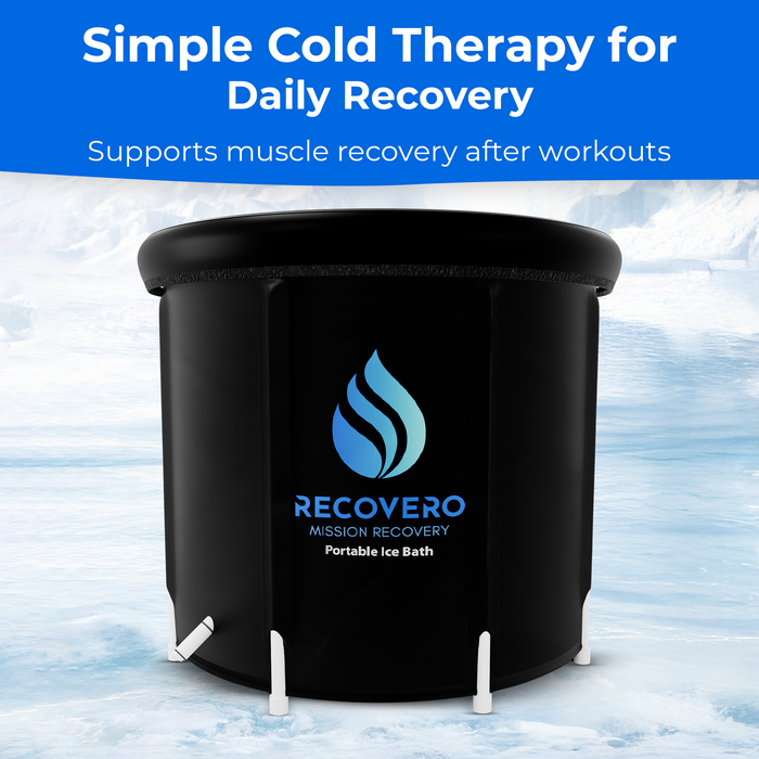 RECOVERO Ice Bath infographic card showing the black portable ice bath set in a snowy, icy landscape