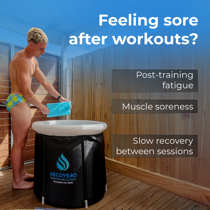 RECOVERO Ice Bath on a timber deck as a man adds a reusable ice pack to the water