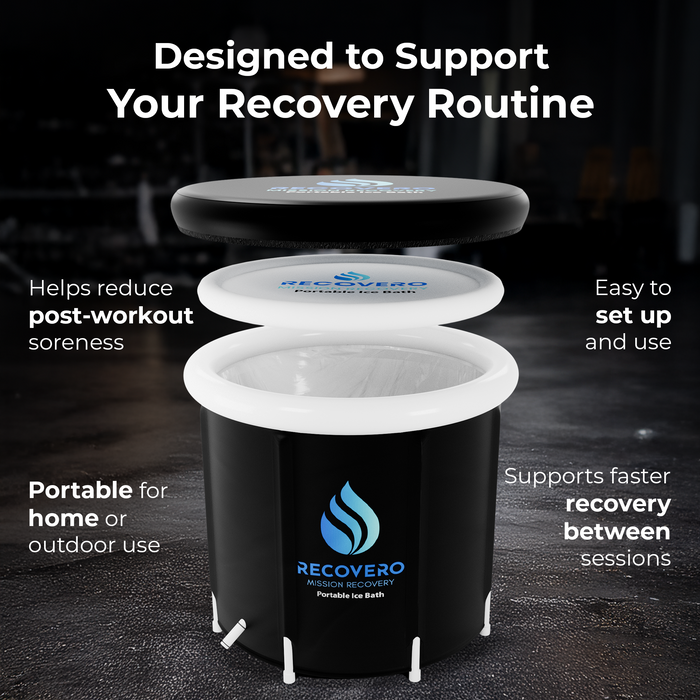 RECOVERO Ice Bath infographic card with the lid and inflatable rings lifted off the cold plunge tub