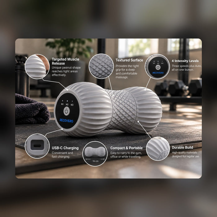 RECOVERO ROLL features: peanut shape, textured surface, 4 intensity levels, USB-C charging, 16 cm compact size