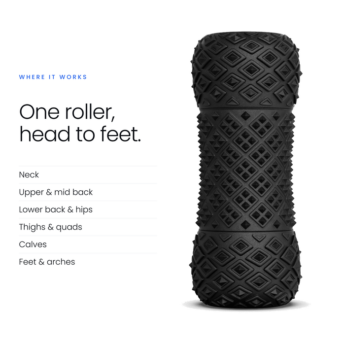 RECOVERO ROLL 2.0 standing upright beside a list: neck, back, lower back and hips, thighs, calves, feet and arches