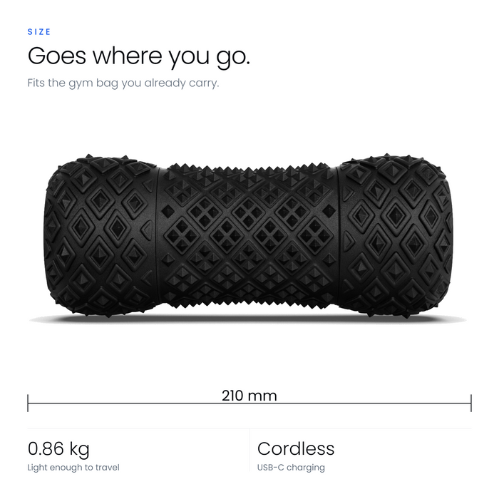 RECOVERO ROLL 2.0 size card: 210 mm long, 0.86 kg, cordless with USB-C charging
