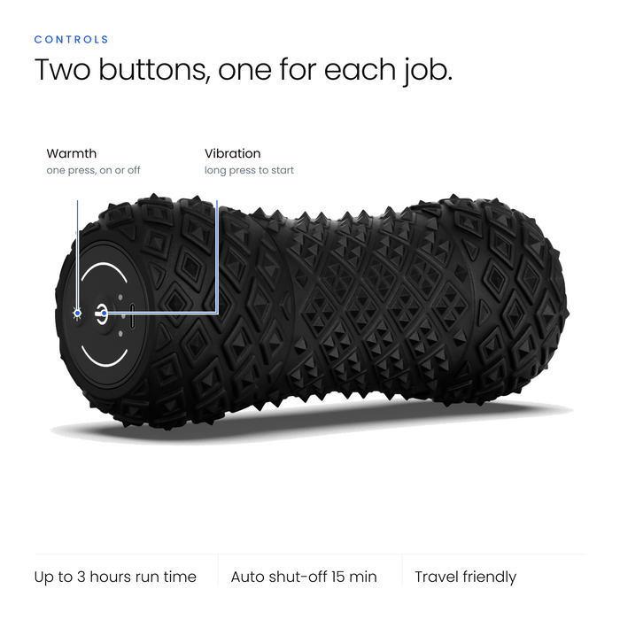 RECOVERO ROLL 2.0 end-cap warmth and vibration buttons; up to 3 hours run time, auto shut-off 15 min