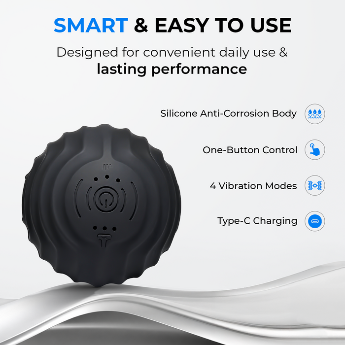 RECOVERO TRIGGER POINT ROLL features card: silicone body, one-button control, 4 vibration modes, Type-C charging