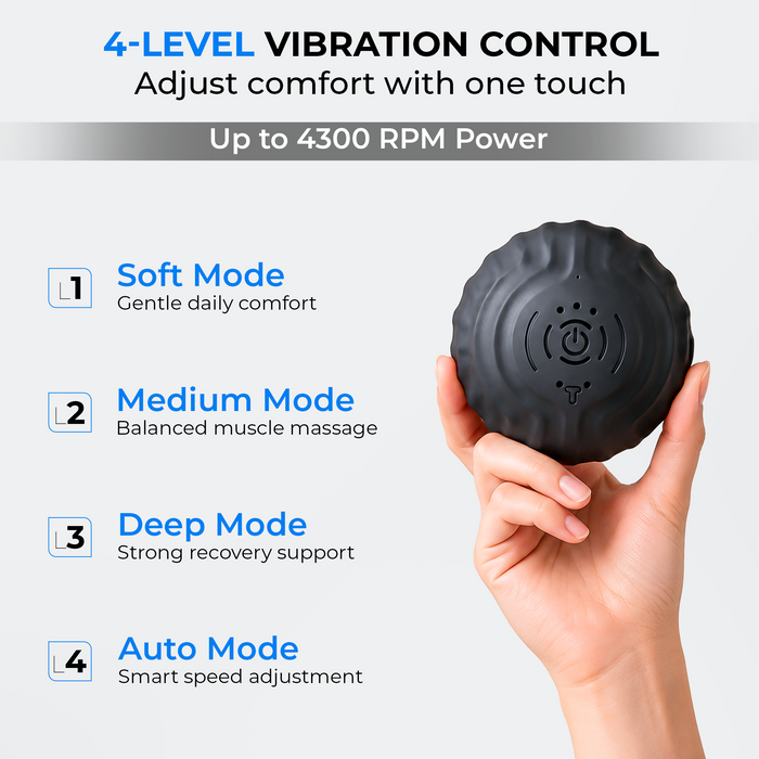 RECOVERO TRIGGER POINT ROLL vibrating massage ball held in the hand, showing its vibration modes