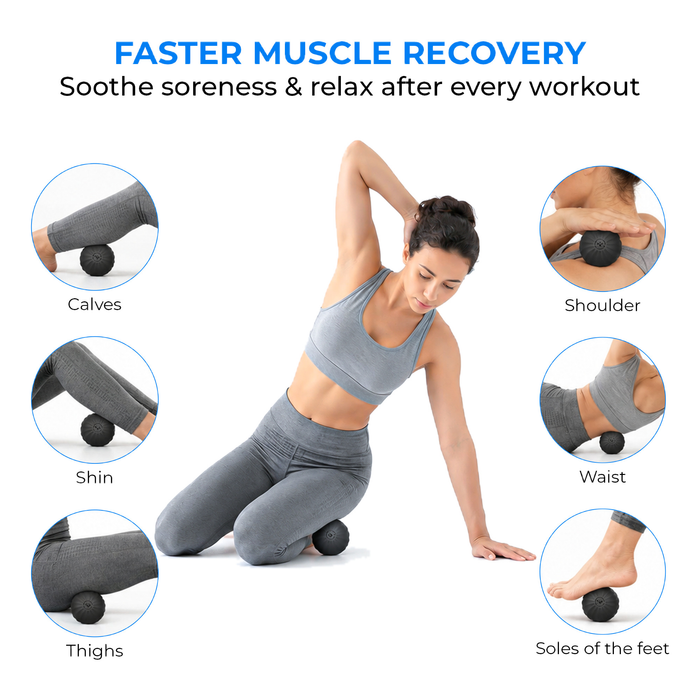 RECOVERO TRIGGER POINT ROLL trigger point massage ball used on calves, shins, thighs, shoulder, waist and soles of the feet