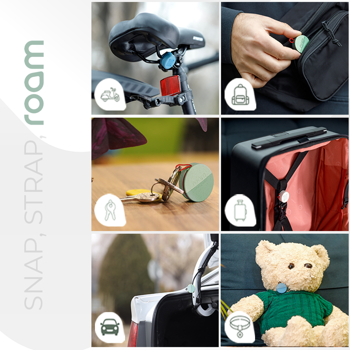 Roam smart tracker snap and strap attachment collage showing tracker attached to bike seat, backpack, keys on keychain, luggage handle, car and teddy bear for versatile item tracking