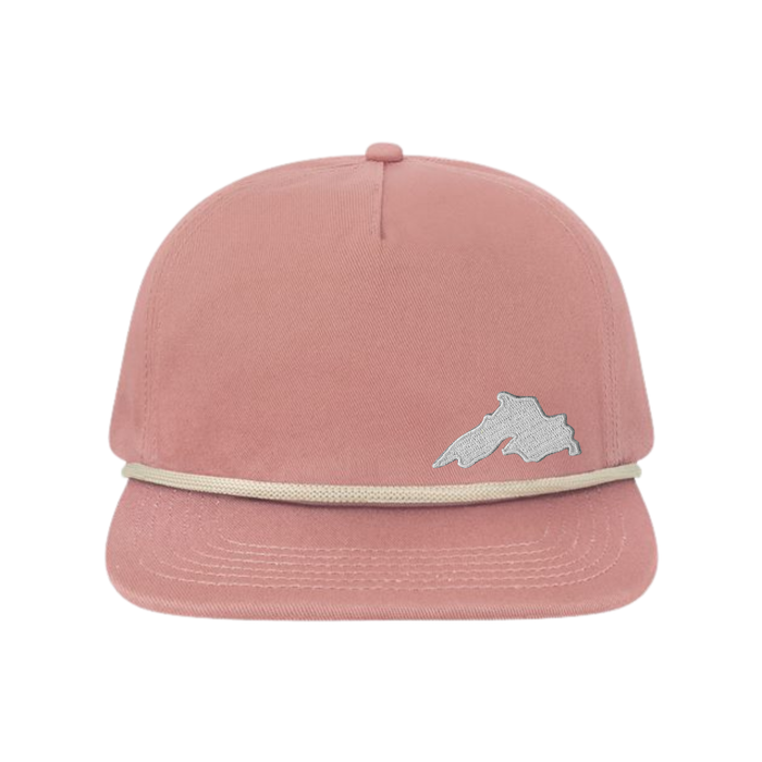 Pink cotton with a cream rope flat billed trucker hat with a silver embroidered patch of Lake Superior.