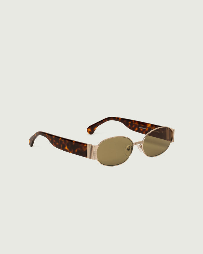 White Gold Chartreuse::Moya Sunglasses oval Gold metal front diagonal