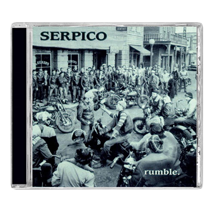 A CD cover features a black-and-white NYC street scene packed with bikers and motorcycles, “Serpico” displayed at the top, and “rumble.” at the bottom, capturing the brand’s raw pop-punk vibe.