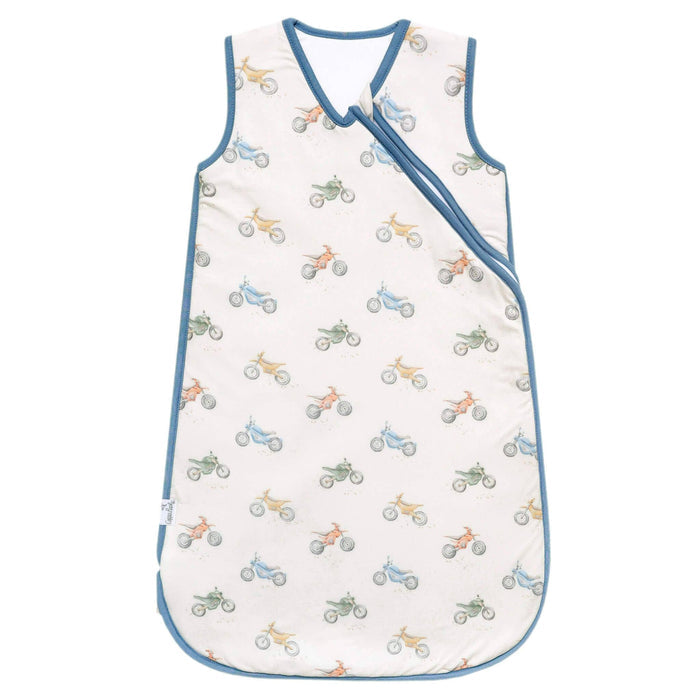 Copper Pearl Bike knit sleep bag featuring a vintage bicycle print, wraparound zipper, and 1.7 TOG wearable blanket design for babies.