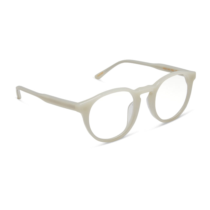 diff eyewear featuring the sawyer round glasses with a meringue frame and prescription lenses angled view