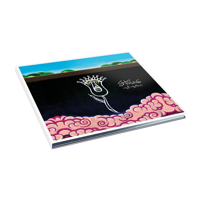 A Stolas CD case displays abstract art of pink swirling clouds, a crowned white flower, green hills, and a blue sky. The Allomaternal album title and track list are also featured on the cover.