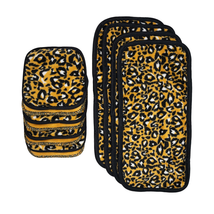 Set of leopard print coasters with black edges on a white background