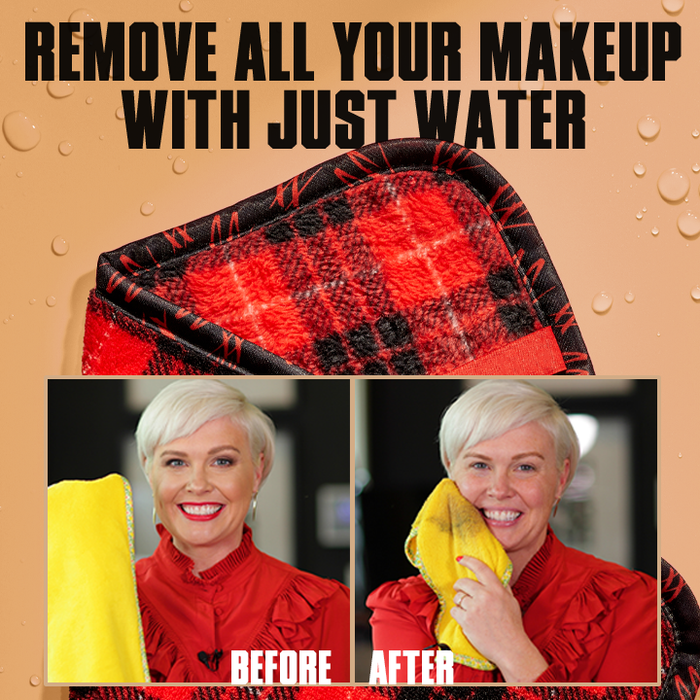 Product advertisement showing a red and black checkered towel with text 'Remove all your makeup with just water' and a 'Before' and 'After' comparison of a woman using the towel.