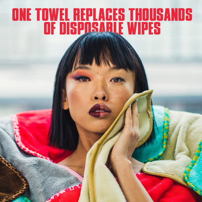 Woman holding a towel with text about replacing disposable wipes.