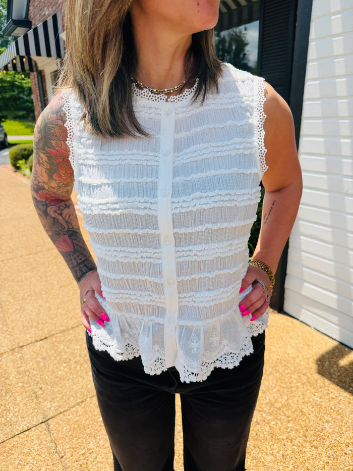 Shirred Button Down Top With Lace Trim