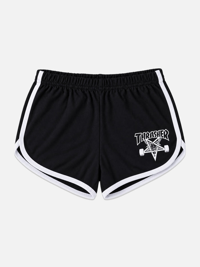 Short Thrasher Skategoat Mujer Negro, vista frontal sobre fondo gris claro