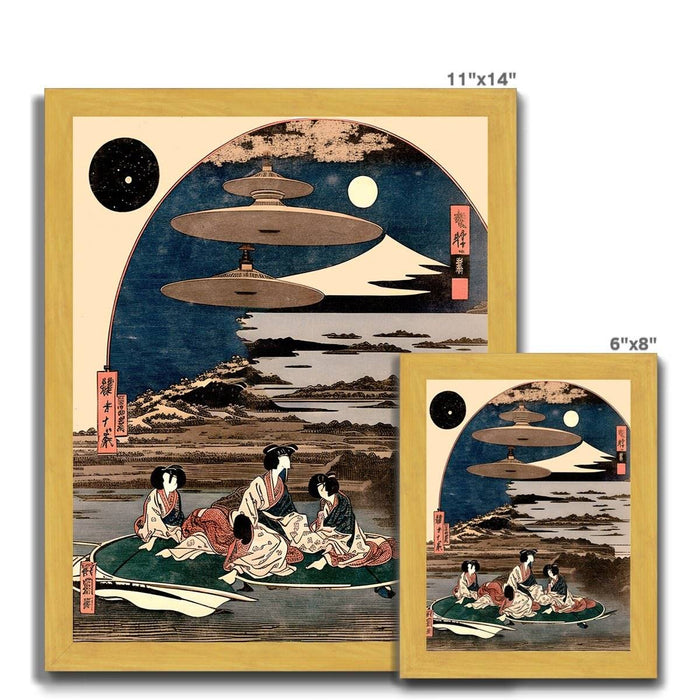 "Skies Over Kyoto" Vintage Ukiyo-e Space Alien Invasion | 19th-Century Surreal UFO Antique Framed Print