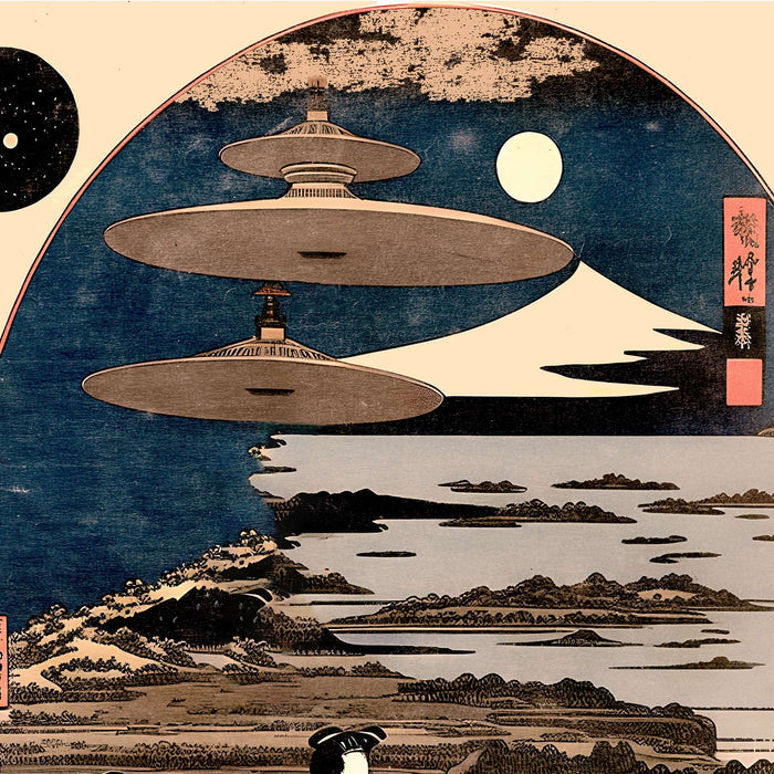"Skies Over Kyoto" Vintage Ukiyo-e Space Alien Invasion | 19th-Century Surreal UFO Antique Framed Print