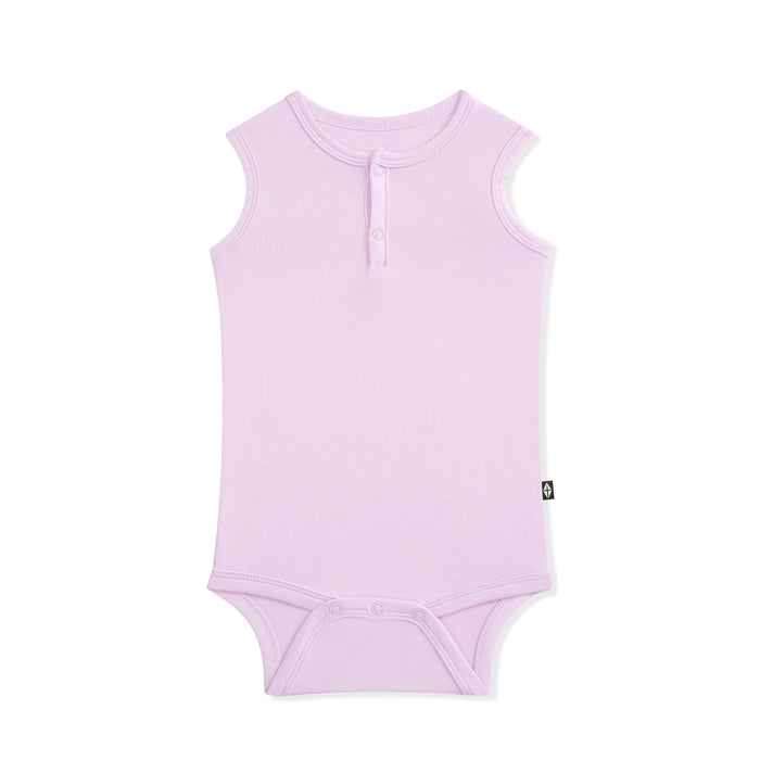 Lavender sleeveless baby bodysuit on a white background