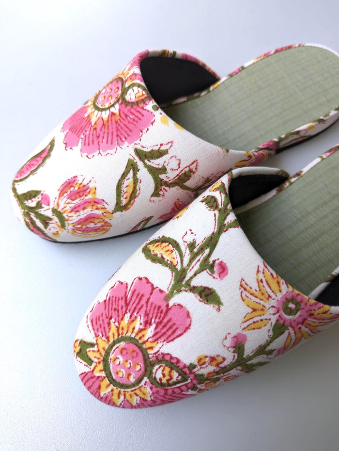 [Small] Tatami Block Printing Flowers Slippers 2023S-B - Heiwa Slipper