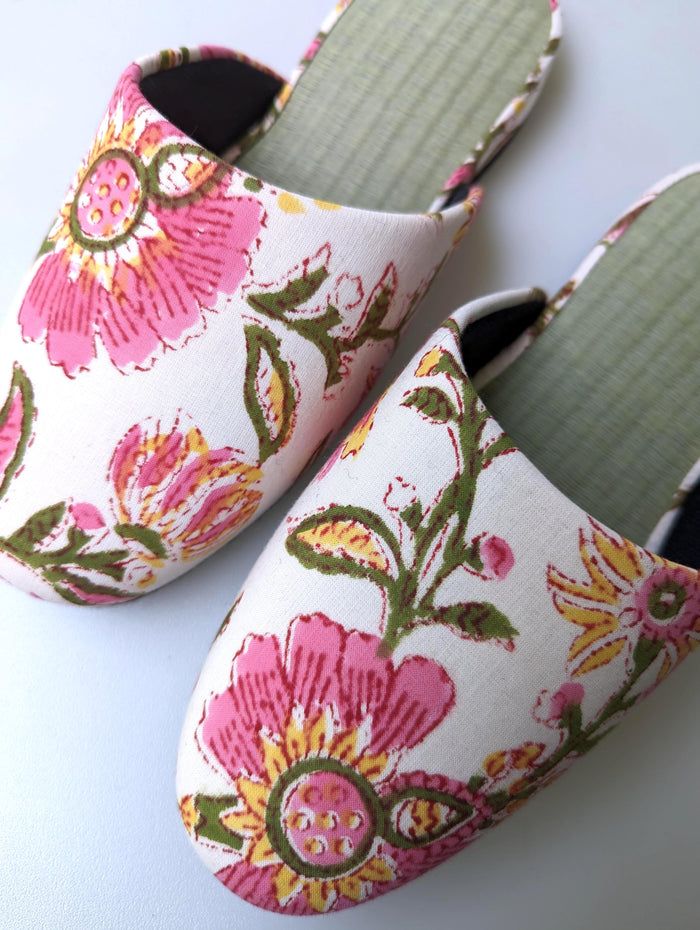 [Small] Tatami Block Printing Flowers Slippers 2023S-B - Heiwa Slipper
