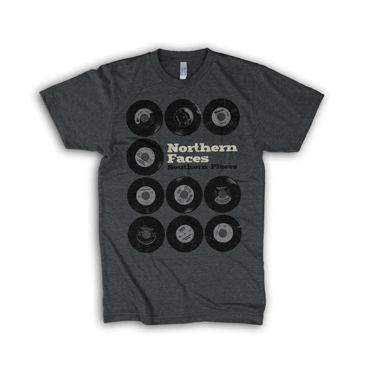 Northern Faces heather charcoal t-shirt with a grid of twelve black vinyl records and Northern Faces Southern Places printed in bold, light letters across the chest.