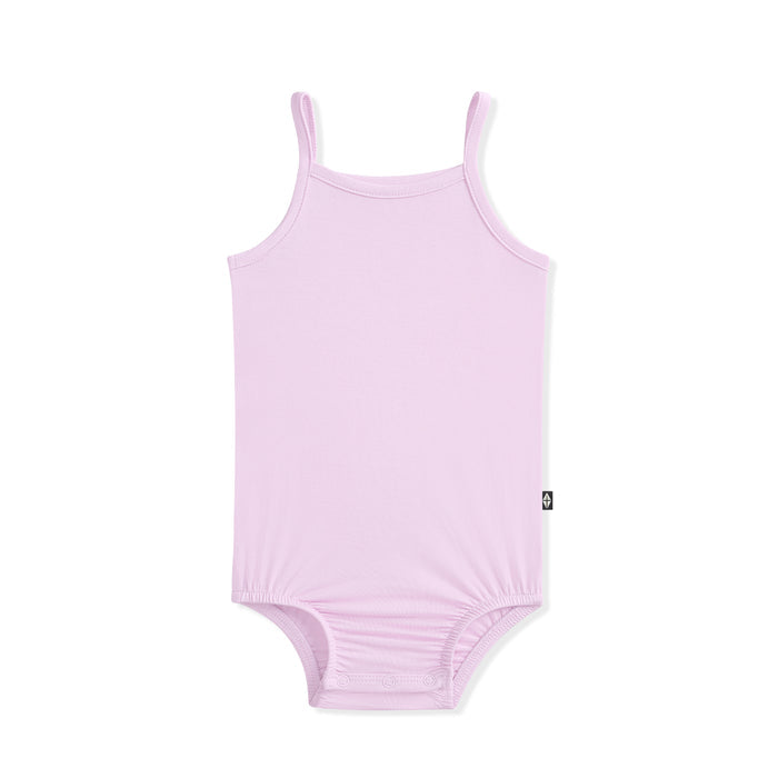 Lavender spaghetti strap bodysuit on a white background