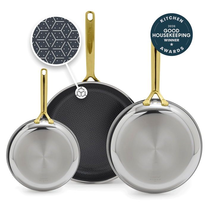 Set of three gold-handled hybrid ceramic nonstick frypans in 8, 10, and 12 sizes.