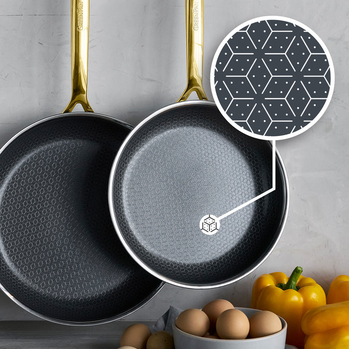 Set of three gold-handled hybrid ceramic frypans with eggs and bell peppers in different pan sizes.