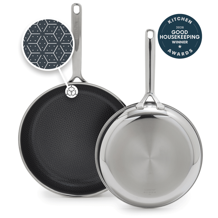Two gray ceramic nonstick frypans, 10-inch and 12-inch, with a Good Housekeeping 2026 Award badge.