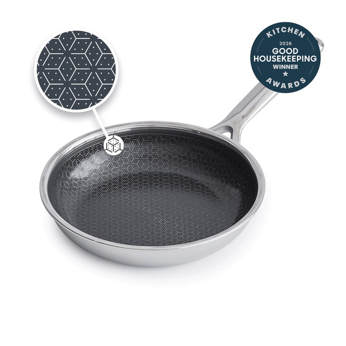 8-inch hybrid ceramic frypan with nonstick surface and metal handle; single piece shown.