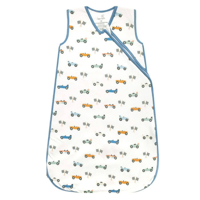 Copper Pearl Speedster knit sleep bag featuring a vintage race car print, wraparound zipper, sleeveless design, and 1.7 TOG wearable blanket for babies.