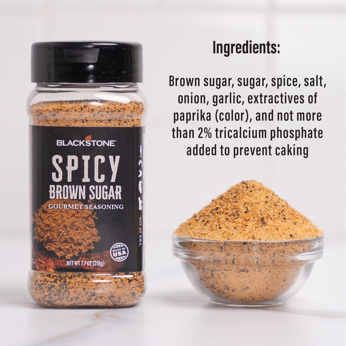 Ingredients include brown sugar, sugar, spice, salt, onion, garlic, extractives of paprika (color), and not more than 2% tricalcium phosphate added to prevent caking.